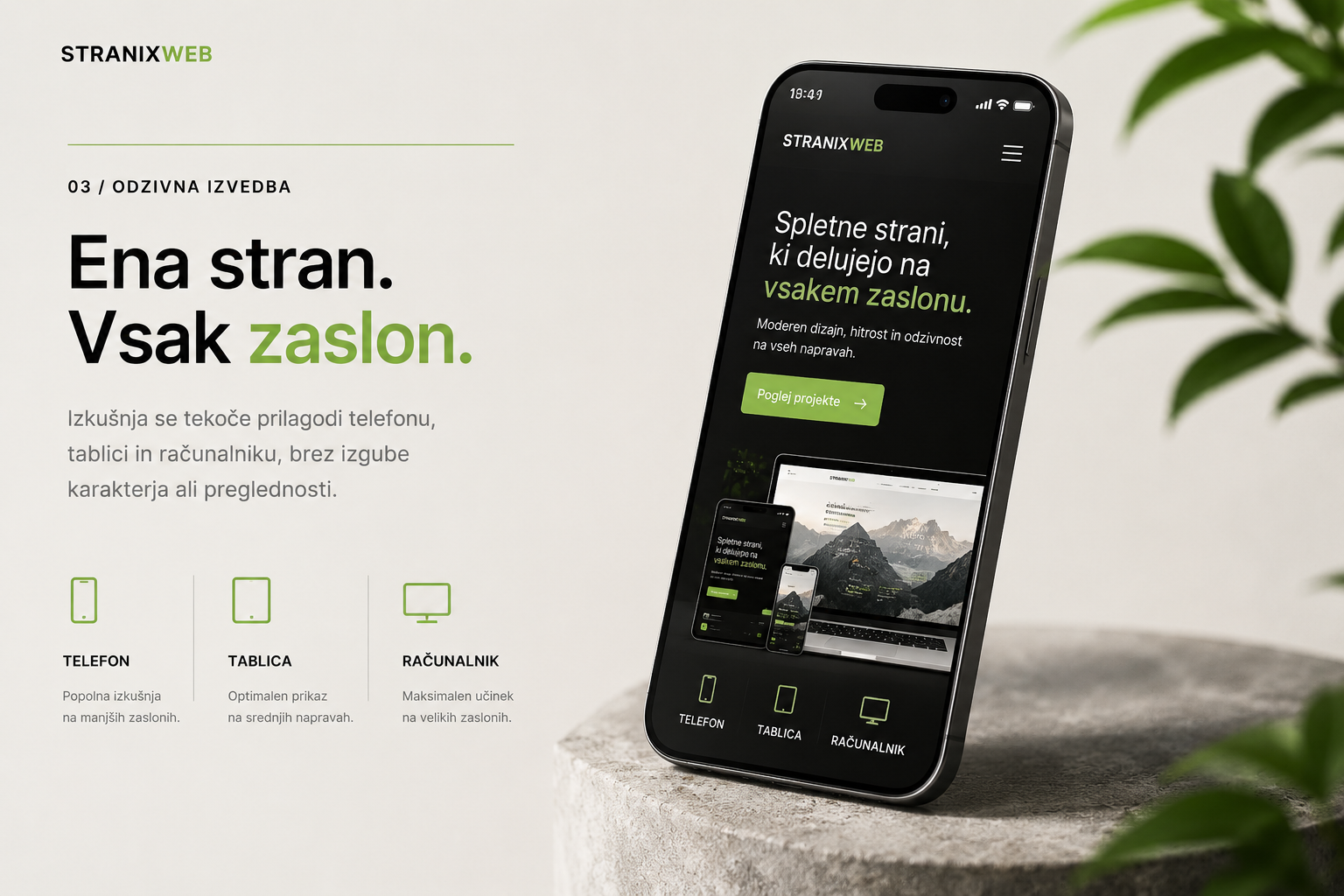 Odzivna spletna stran Stranix Web prikazana na telefonu